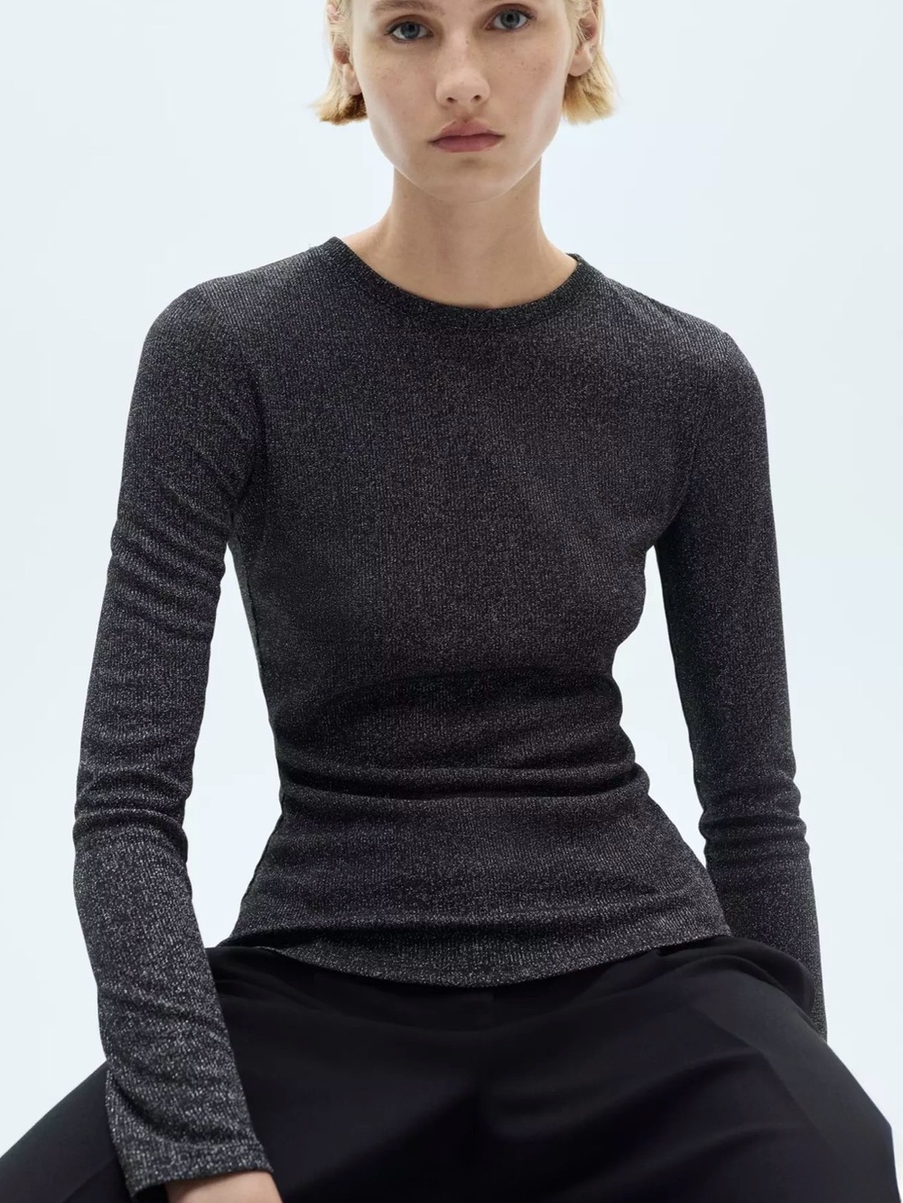 NWT Mango Black Metallic Shimmer Knit Top "Jersey Luxyn" Size Medium